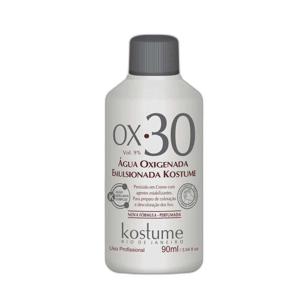Frasco branco com tampa cinza contendo Água Oxigenada Emulsionada Kostume 30 Volumes, 90ml